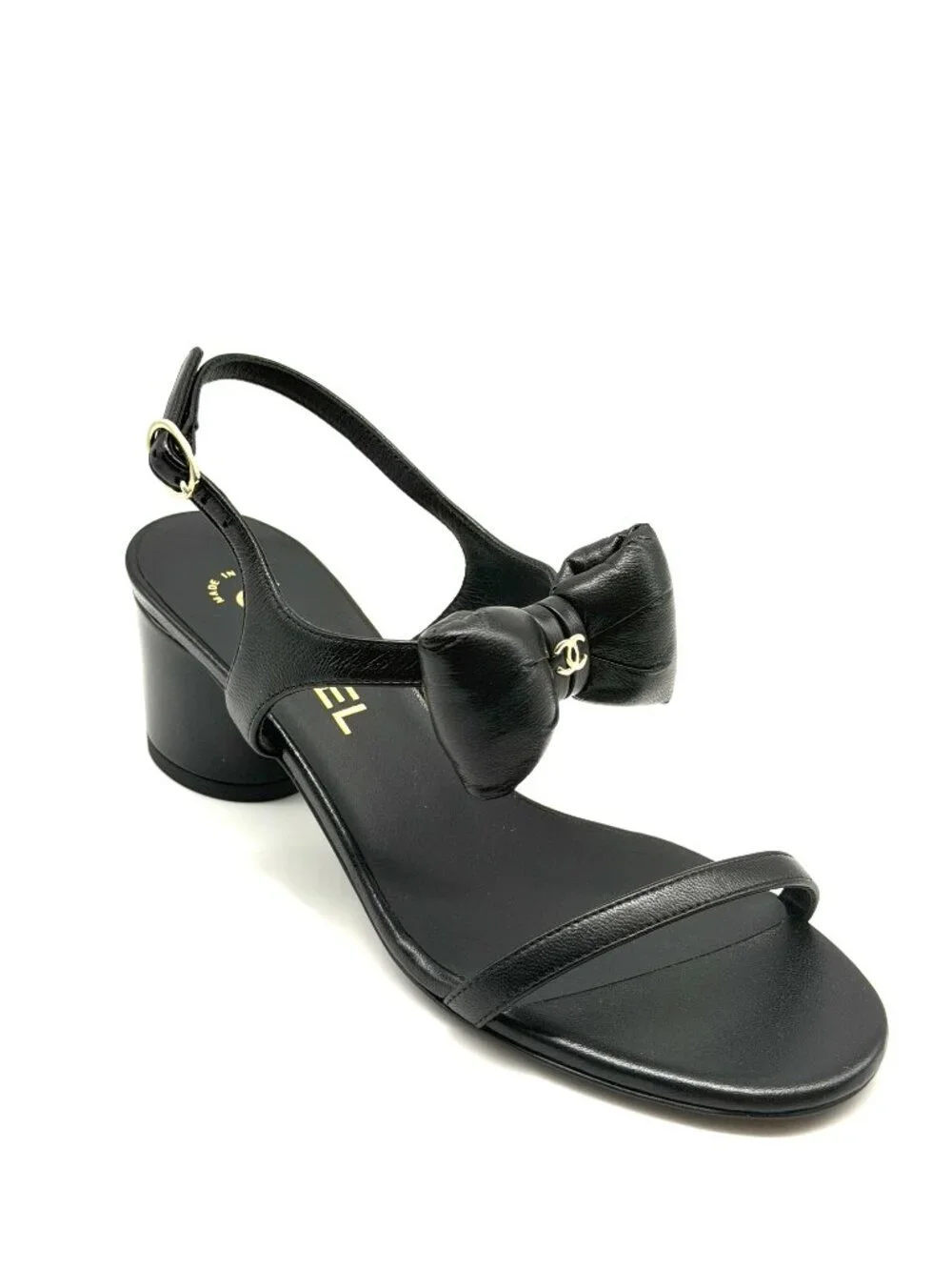CHANEL 25P Lambskin Leather CC Bow Ankle Strap Sandals Block Heels Shoes - Picture 10 of 16